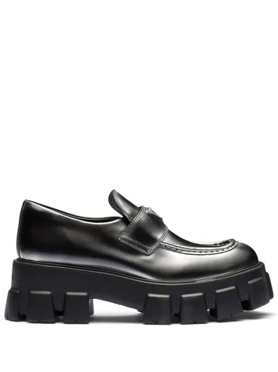 Prada Platform Leather Triangle Logo Loafers In Black