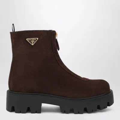 Prada Moro Suede Zip Ankle Boots In Brown