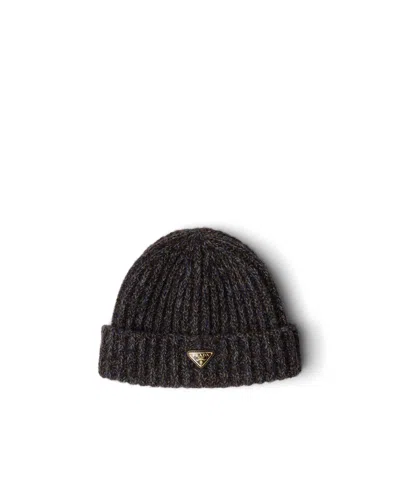 Prada Mouliné Cashmere And Wool Beanie In Blue/brown