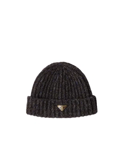 Prada Mouliné Cashmere And Wool Beanie In Blue/brown