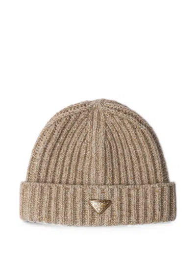 Prada Mouliné Cashmere And Wool Beanie In Brown