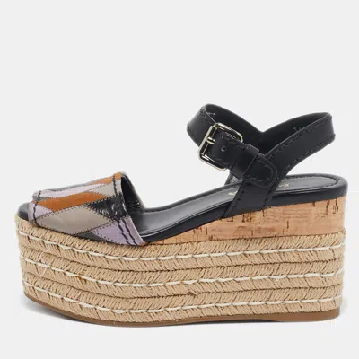 Pre-owned Prada Multicolor Leather And Suede Cork Espadrille Platform Ankle Strap Sandals Size 36