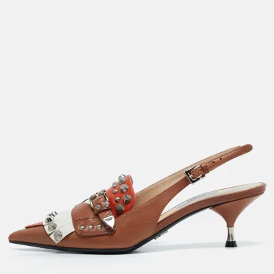 Pre-owned Prada Multicolor Leather Fringed Studded Slingback Pumps Size 37