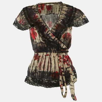 Pre-owned Prada Multicolor Printed Cotton Lace Trim Wrap Top L