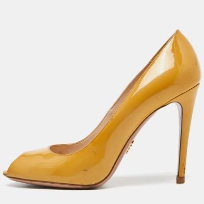 Pre-owned Prada Mustard Patent Leather Peep Toe Pumps Size 38.5 In Yellow