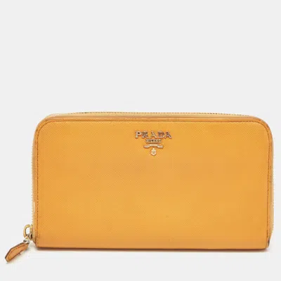 Prada Mustard Saffiano Lux Leather Zip Around Continental Wallet In Yellow