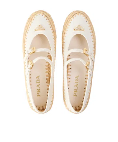 Prada Nappa Leather And Raffia Ballerinas In White