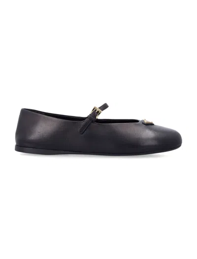 Prada Nappa Leather Ballerina Flats With Adjustable Strap And Enameled Triangle Logo In Nero