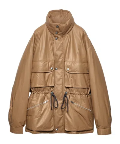 Prada Nappa Leather Coat In Camel Brown