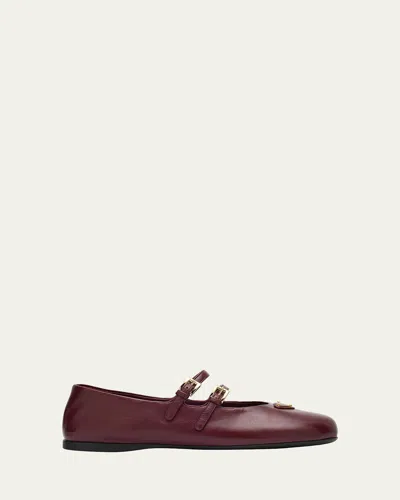 Prada Nappa Leather Double-strap Triangle Logo Ballerina Flats In Burgundy