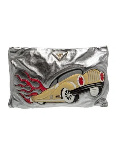 Pre-owned Prada Nappa Leather Hot Rod Pochette In Silver