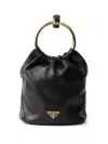 Prada Mini Logo Plaque Leather Bucket Bag In Black