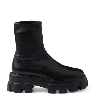 Prada Nappa Leather Monolith Ankle Boots In Black