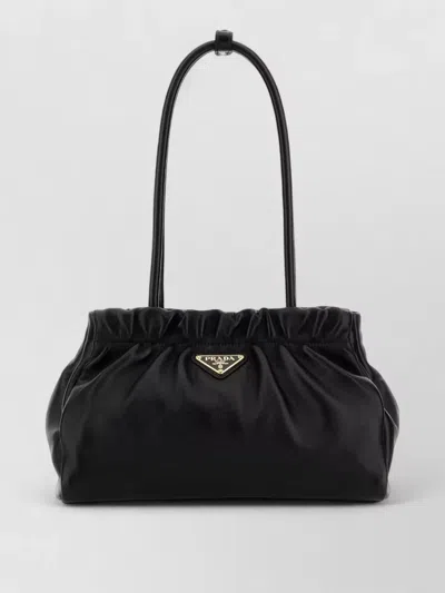 Prada Nappa Leather Shoulder Bag Ruched Top Handle In Black