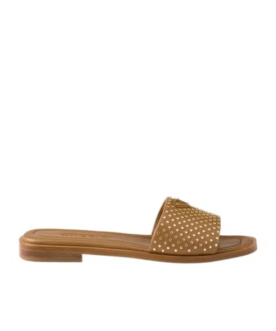 Prada Stud-embellished Leather Slides In Caramel