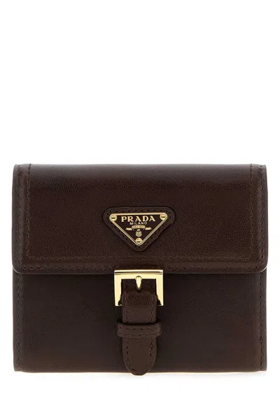 Prada Nappa Leather Wallet With Golden Metal Finish 10 Cm X 9 Cm In Brown