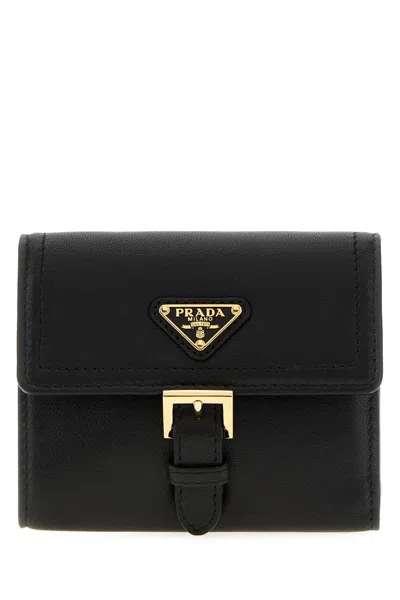 Prada Nappa Leather Wallet With Golden Metal Finishing, 10 Cm X 9 Cm In Black
