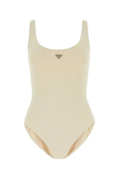 PRADA NATURAL EMBELLISHED STRETCH NYLON SWIMSUIT