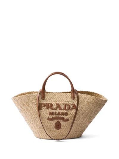 Prada Natural Logo-appliqu Tote In Naturale+cognac