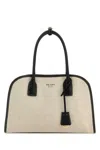 Prada Sand Canvas Medium Shopping Bag In Black