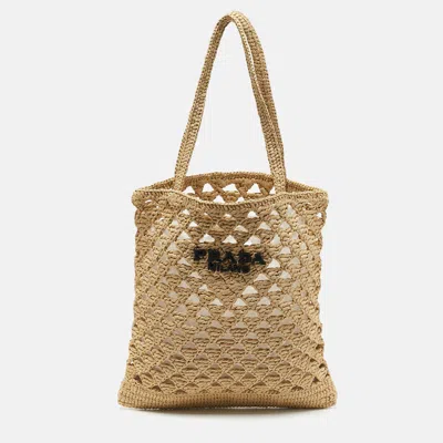 Pre-owned Prada Natural Raffia Small Logo Tote