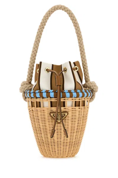 Prada Natural Wicker Mini Bucket Bag In Brown
