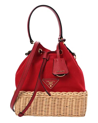 Prada Wicker Canvas Bucket Bag In Red