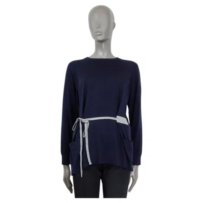 Pre-owned Prada Navy Blue & Grey Wool Back Button Tie Waist Crewneck Sweater 42 M In Gray