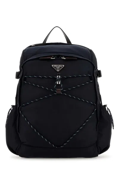 Prada Navy Blue Canvas Backpack In Black