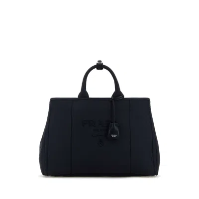 Prada Navy Blue Canvas Shopping Bag In Black