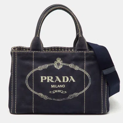 Pre-owned Prada Navy Blue Canvas Small Canapa Logo Tote