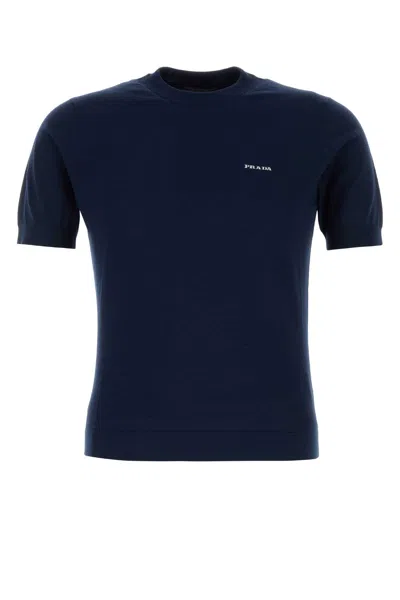 Prada Cotton Crew Neck Short Sleeve Sweater In Blue