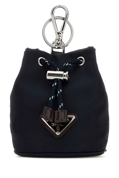 Prada Navy Blue Fabric Key Ring In Black