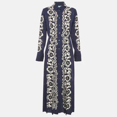 Pre-owned Prada Navy Blue Floral Print Satin Silk Pleated Long Dress M