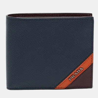 Pre-owned Prada Navy Blue Leather Logo Bifold Wallet