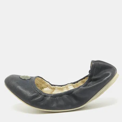 Pre-owned Prada Navy Blue Leather Scrunch Ballet Flats Size 38.5
