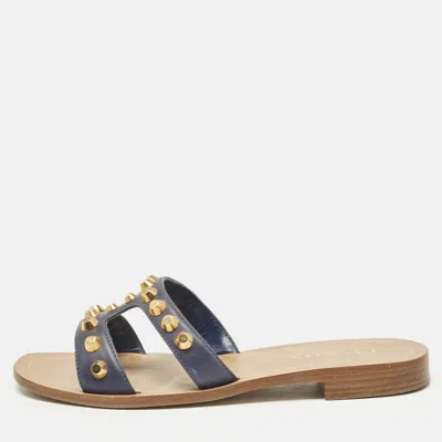 Pre-owned Prada Navy Blue Leather Studded Flat Slides Size 35.5