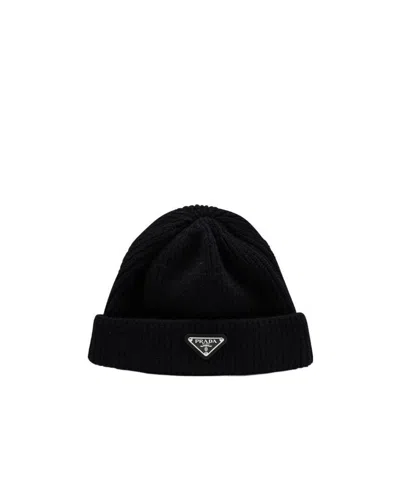Prada Navy Blue Logo Hat In Black