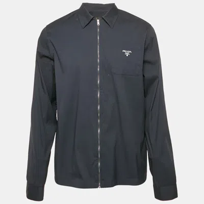 Pre-owned Prada Navy Blue Logo Print Cotton Zip-up Shirt L