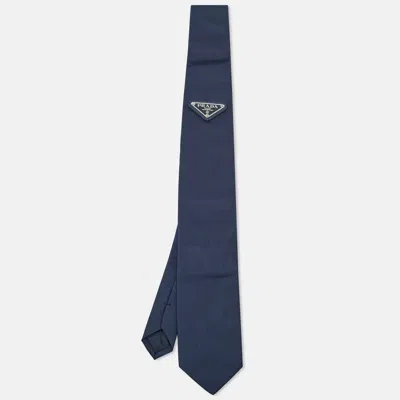 Pre-owned Prada Navy Blue Logo Re-nylon Gabardine Slim Tie