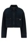Prada Cropped Denim Jacket Structured Collar Long Sleeves In Blue