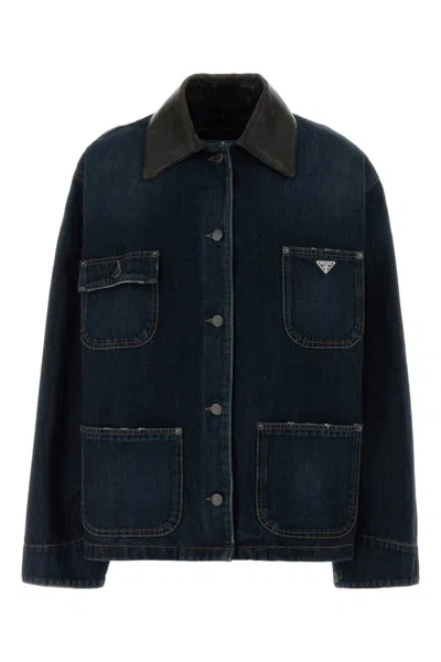 Prada Navy Blue Logo Shirt Collar Jacket In Multi