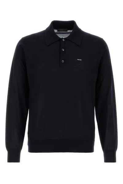 Prada Navy Blue Long Sleeves Logo Polo In Black