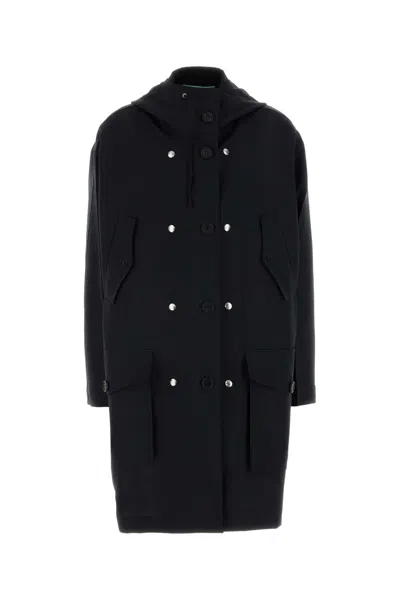 Prada Mohair Blend Long Hooded Double Breasted Coat In Black