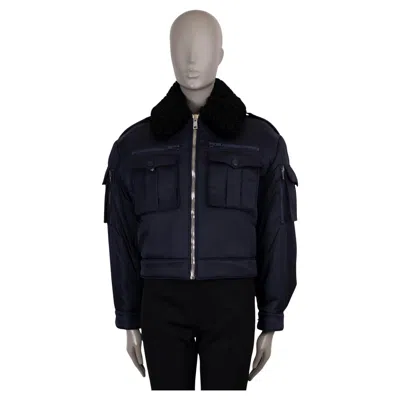 Pre-owned Prada Navy Blue Nylon 2019 Shearling Collar Bomber Jacket 40 S