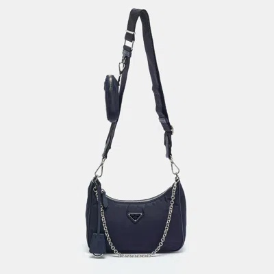 Pre-owned Prada Navy Blue Nylon And Saffiano Leather Re-edition 2005 Shoulder Bag