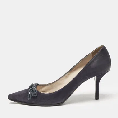 Pre-owned Prada Navy Blue Patent Leather And Suede Bow Pointed Toe Pumps Size 37.5