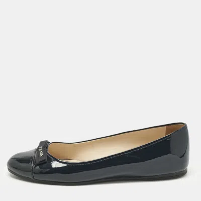 Pre-owned Prada Navy Blue Patent Leather Bow Ballet Flats Size 40