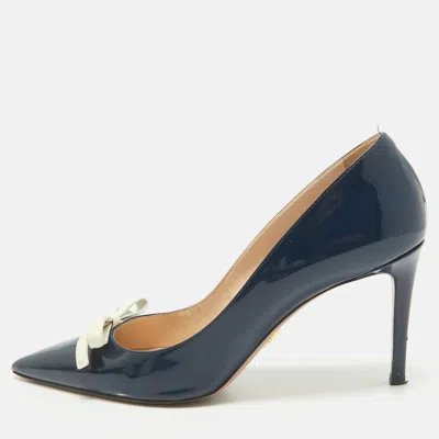 Pre-owned Prada Navy Blue Patent Leather Bow Pointed Toe Pumps Size 40