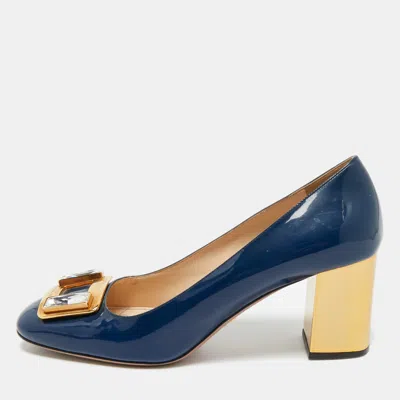 Pre-owned Prada Navy Blue Patent Leather Buckle Block Heel Pumps Size 38